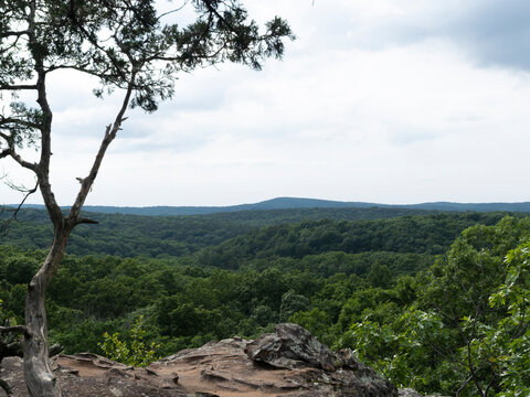 Scenic overlook of rolling green forested hills and distant ridges under an overcast sky from Garden of the Gods in Shawnee National Forest Illinois