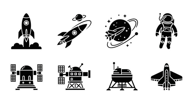 Space Exploration Icons: Rockets, Astronaut, Planets, Satellite, Spaceship