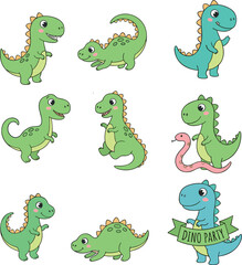 Fototapeta premium Cute cartoon dinosaur character collection set in various poses featuring little green and blue prehistoric reptiles isolated on white background vector illustration.