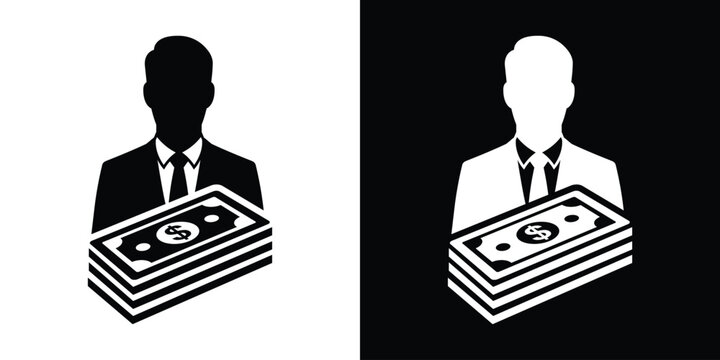 Investor holding cash money icon vector. Businessman avatar profile silhouette with stack of dollar banknotes. Wealth management, banking loan, finance investment, and profit profit concept.