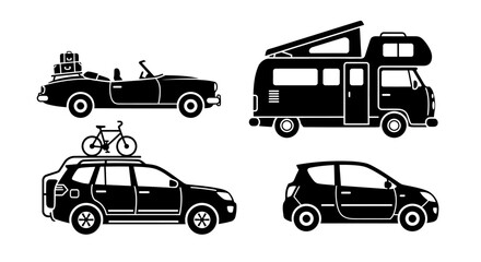 Fototapeta premium Variety of vehicles for travel: RV, convertible, SUV with bike, compact car