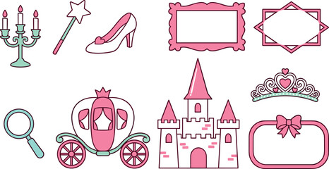 Cute princess fairy tale element icon set featuring a pink castle carriage magic wand tiara glass slipper and frames isolated on white background. © Lili Begum
