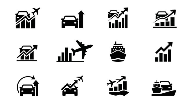 Transportation Growth Icons: Cars, Airplanes, Ships, and Charts