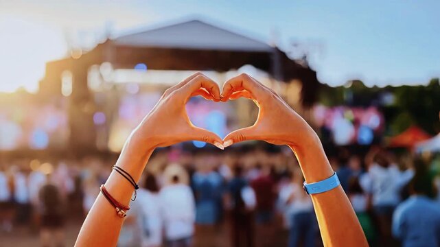 Hands forming a heart shape at outdoor music festival with crowd in background.