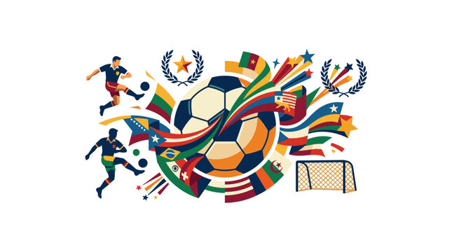 Soccer players celebrating with colorful flags and balls