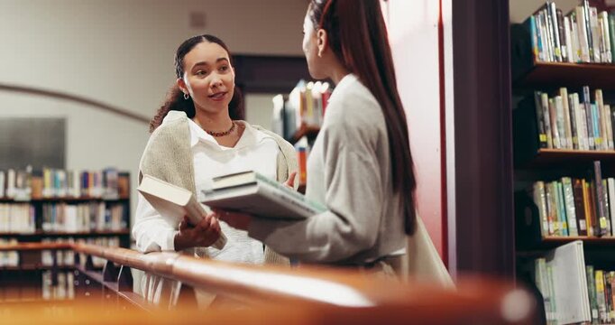 College, students and talking in library with books for language course, project and studying literature. University, people and women in bookshop with chat for textbook, reading task and assignment.