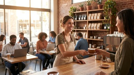 Obraz premium Smiling barista serving coffee to customer in modern cafe