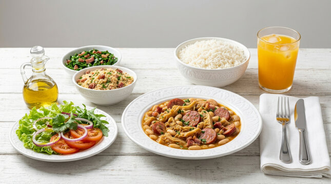 Prato de dobradinha com feij&atilde;o branco e lingui&ccedil;a servido com acompanhamentos tradicionais brasileiros, farofa, couve refogada e arroz branco sobre mesa de madeira r&uacute;stica