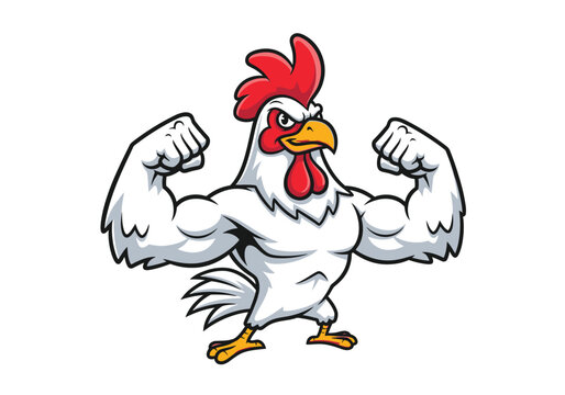 Muscular cartoon rooster in vector graphic flexing biceps