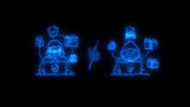 Cybersecurity neon animation of white hat hacker vs black hat hacker on black background. Loop animation of ethical IT security specialist defending data against cyber criminal malware attack.