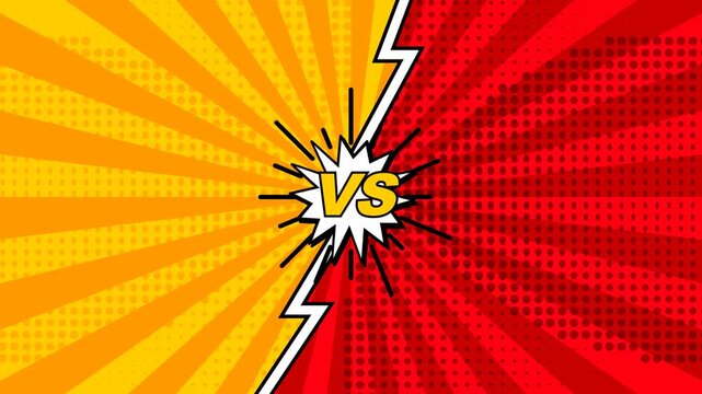 Dynamic comic book style background with a yellow and red split screen, featuring a central 'VS' in a speech bubble and lightning bolts, perfect for a versus battle or comparison concept.