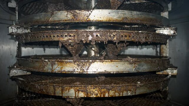 Detailed view of fouled distillation column internal trays with residue buildup affecting downcomers and vapor flow during inspection.