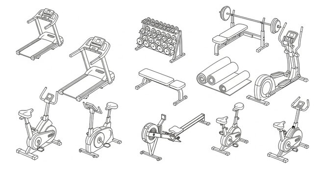 Gym fitness equipment collection in isometric line art style view