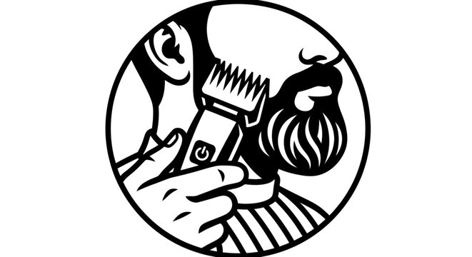Barber trimming a man's thick beard with electric hair clippers