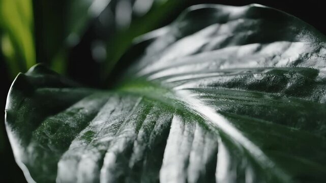 Close-up of a large, vibrant green leaf with prominent veins, possibly wet