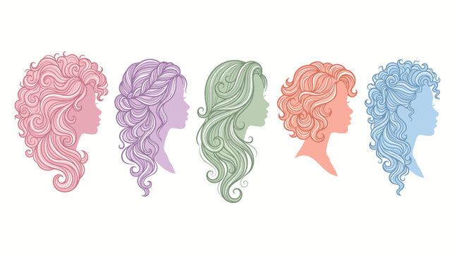 Five colorful female side profile silhouettes displaying diverse hairstyles and curly locks representing beauty fashion salon hair styling options for women wanting to express unique personality