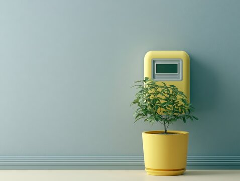 Houseplant in yellow pot on floor beside monitor against blue wall