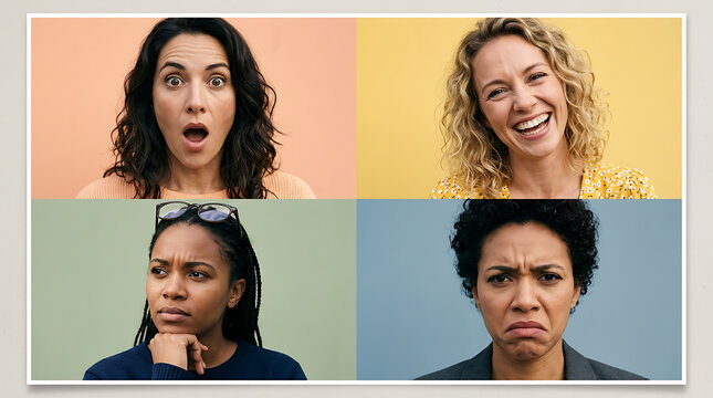 Collage of different women showing diverse facial expressions and emotions with multi cultural expression portrait reaction diversity surprised