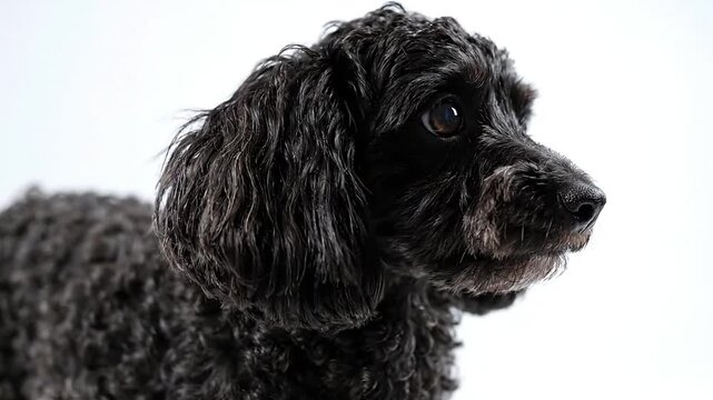 A Close-Up Profile of a Charming Russian Tsvetnaya Bolonka Dog with Dark, Curly Fur Against a Clean White Background