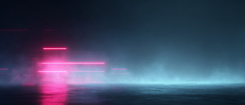 Abstract neon light streaks in foggy space