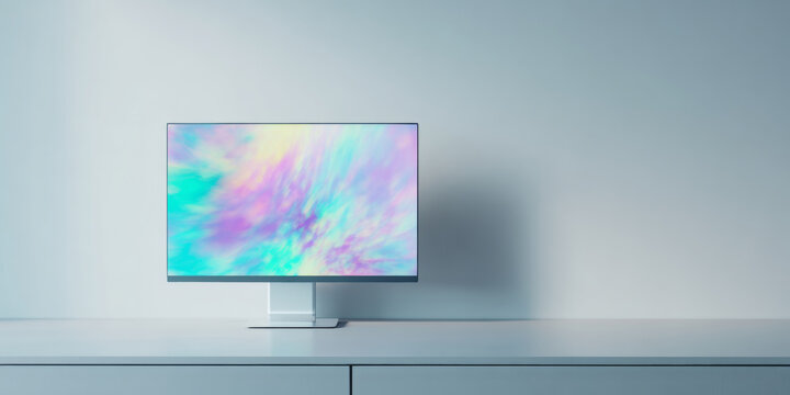 Minimalist workspace with colorful monitor