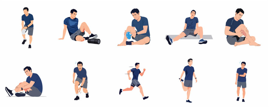 Set of flat vector illustrations of a man experiencing various sports injuries and recovery methods
