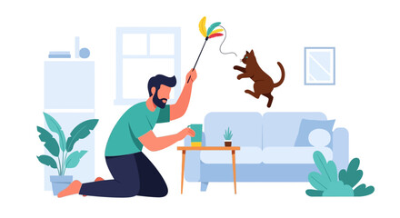 Fototapeta premium Man playing with jumping cat at home vector illustration, pet owner bonding with feline in living room