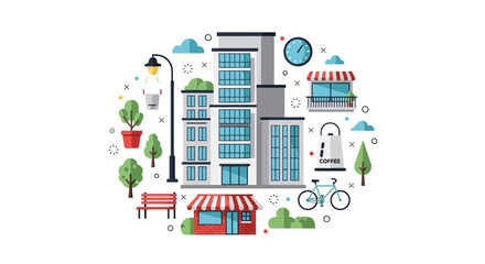 Fototapeta premium Modern Urban City Life Flat Illustration Featuring Skyscrapers, Parks, Shops, and Sustainable Lifestyle Elements