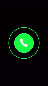 Telephone button glows bright green within a circular frame to signal an active incoming call request on a screen.