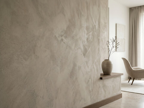 Venetian plaster wall texture in modern minimalist interior, beige decorative stucco finish, elegant neutral living room background with wabi-sabi aesthetic