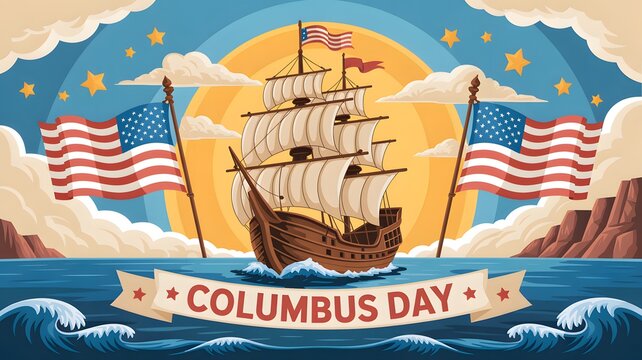 Columbus day celebration with historical sailing ship and national flags columbus nautical