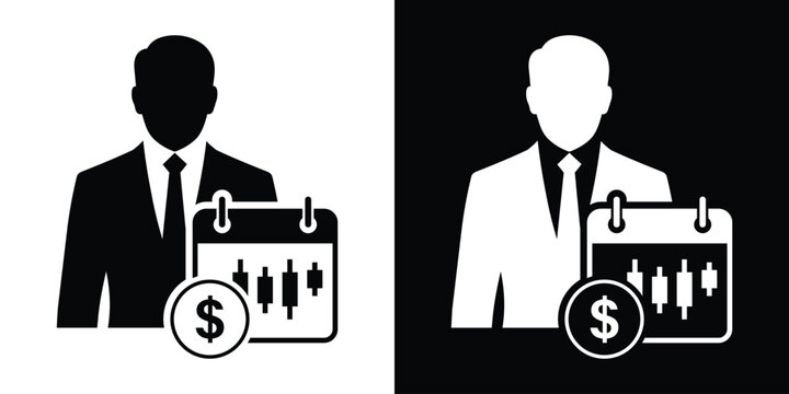 Financial planning icon vector. Businessman avatar silhouette with calendar, stock market candlestick chart, and dollar coin symbol. Investment schedule or payroll deadline concept.