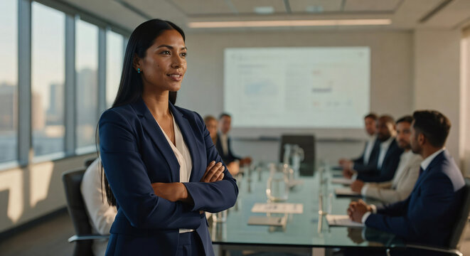 Native American businesswoman leading corporate boardroom presentation