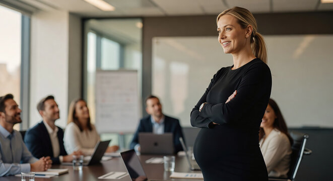 Pregnant businesswoman leading corporate team meeting in conference room
