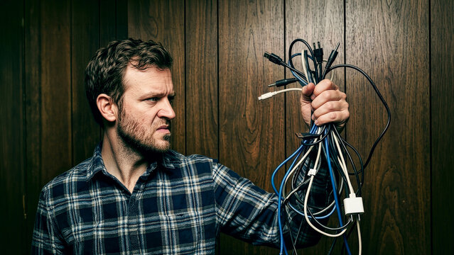 A stressed adult man struggles with a chaotic tangle of various electronic cables, USB cables, and chargers in a dark room. Conceptual image of technological frustration and computer problems.