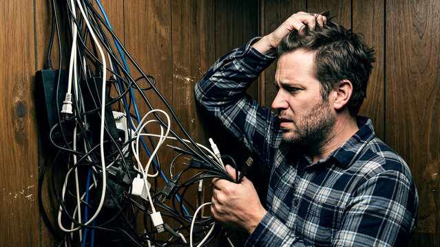 Medium shot of a caucasian man looking frustrated untangling messy power cables on wood wall background with copy space for IT support and tech stress ad