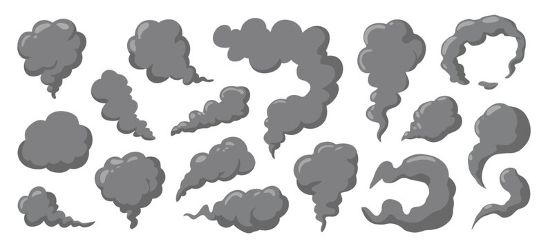 Explosive smoke cartoon clouds vector set, manga style dark smoke puffs, swirling cloud effects, bomb explosion dust, vapor steam, fire blast and car exhaust illustration isolated design.