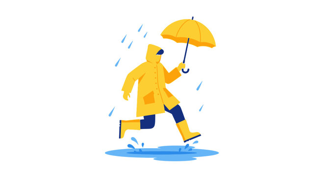 Person in Yellow Raincoat and Boots Jumping over Puddle with Umbrella, Rainy Day Protection Concept, Flat Vector Illustration Isolated on White Background