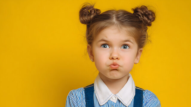 Vibrant Portrait of a Sassy Girl with Blue Eyes, Puffed Cheeks, and Double Hair Buns