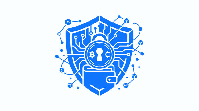 Blockchain Security Shield with Bitcoin Wallet and Cryptocurrency Protection Flat Vector Icon