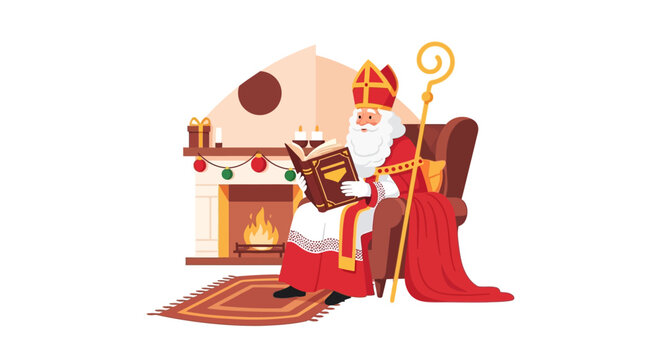 Saint Nicholas Reading Book by Fireplace with Gifts