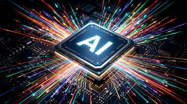 AI word on microchip and colorful light spread with strong beam , AI concept with copyspace banner background, Generative AI.