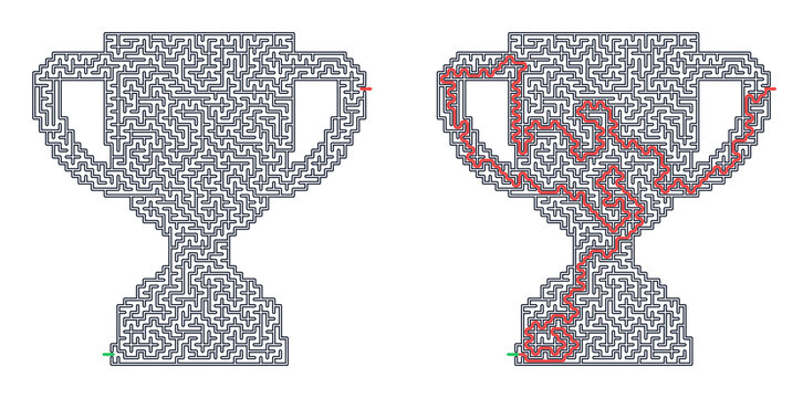 A maze puzzle in trophy shape design  with the solution 
