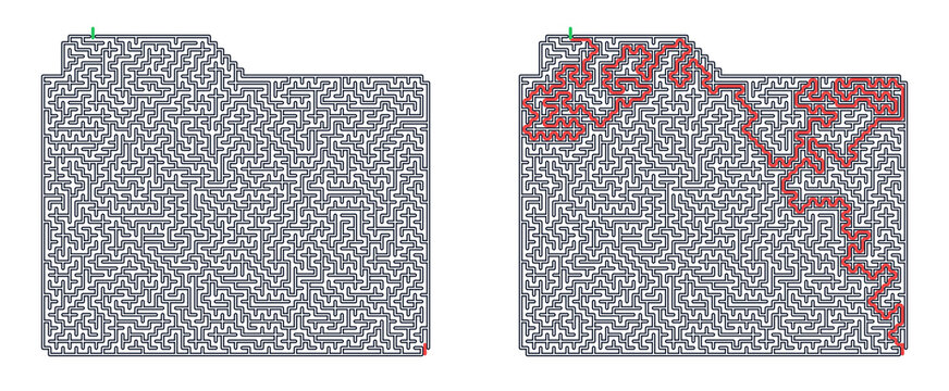 A maze puzzle in the shape of a file folder with the solution outlined in red  