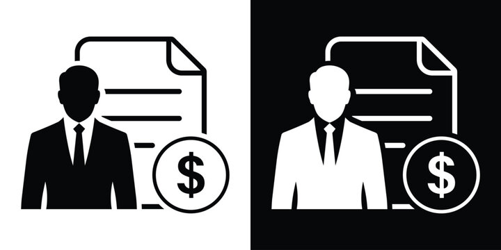 Business invoice icon vector graphic. Businessman avatar with contract document sheet and dollar currency coin symbol. Financial agreement, billing, tax report, or salary management flat sign.