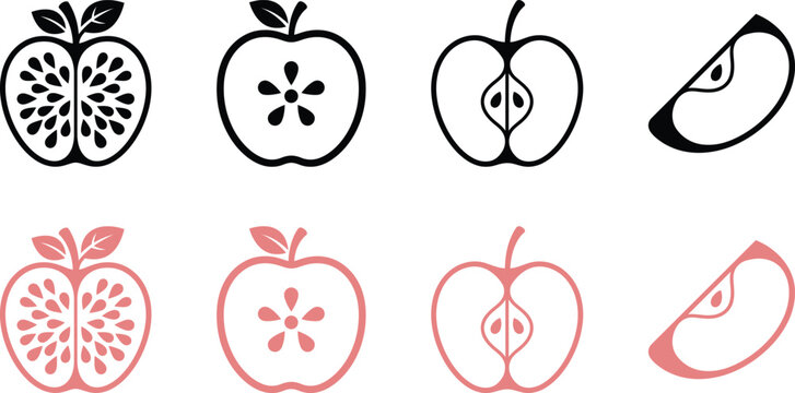 Apples icon set in minimalist line and flat style with subtle red and monochrome variations, repeating pattern for app interface, branding, and UI