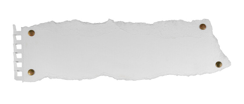 White torn paper texture, scrap of paper for scrapbook collage, scrapbooking frame  - a torn-off page from a spiral-bound notebook with thumbtacks, isolated on transparent or white background png