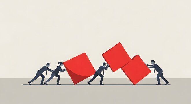 Hard work concept, figures pushing large red geometric objects, symbol of effort, persistence and heavy workload