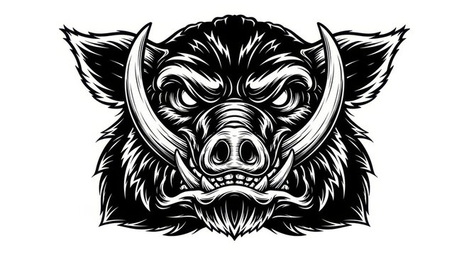 Aggressive Wild Boar Head Illustration with Large Tusks, Black and White Vector Style Mascot Design