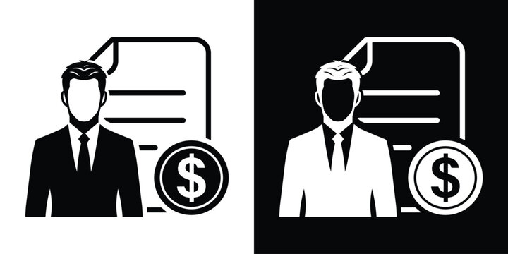 Business invoice icon vector graphic. Businessman avatar with contract document sheet and dollar currency coin symbol. Financial agreement, billing, tax report, or salary management flat sign.